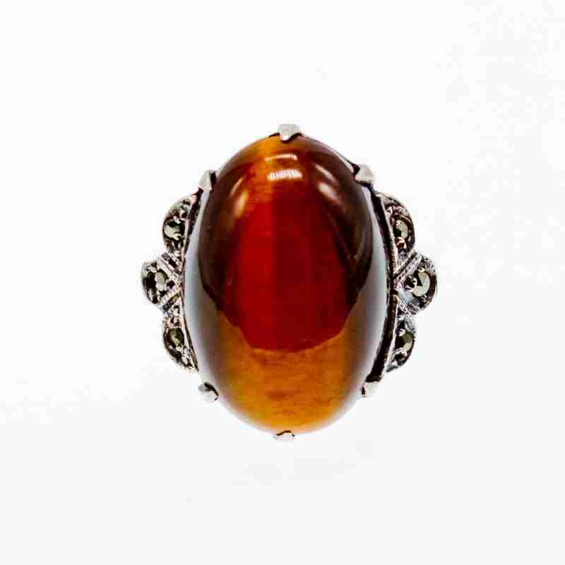 Sky Jewelry Серебряное кольцо с тигровым глазом и марказитами