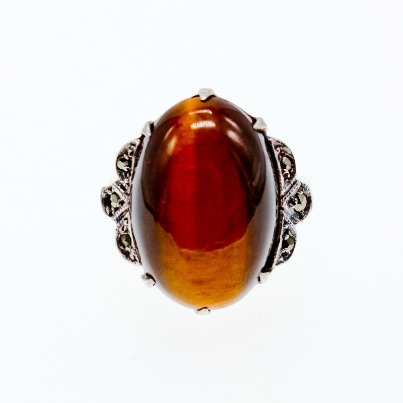 Sky Jewelry Серебряное кольцо с тигровым глазом и марказитами