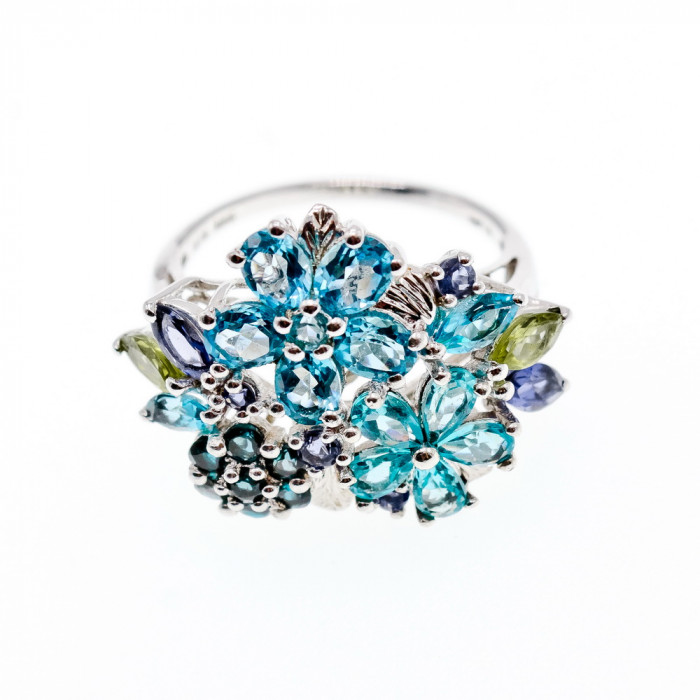 Sky Jewelry Серебряное кольцо с топазом хризолитом шпинелью и танзнитом
