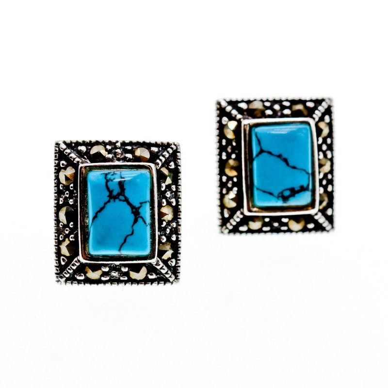 Sky Jewelry Серебряные серьги с бирюзой и марказитом