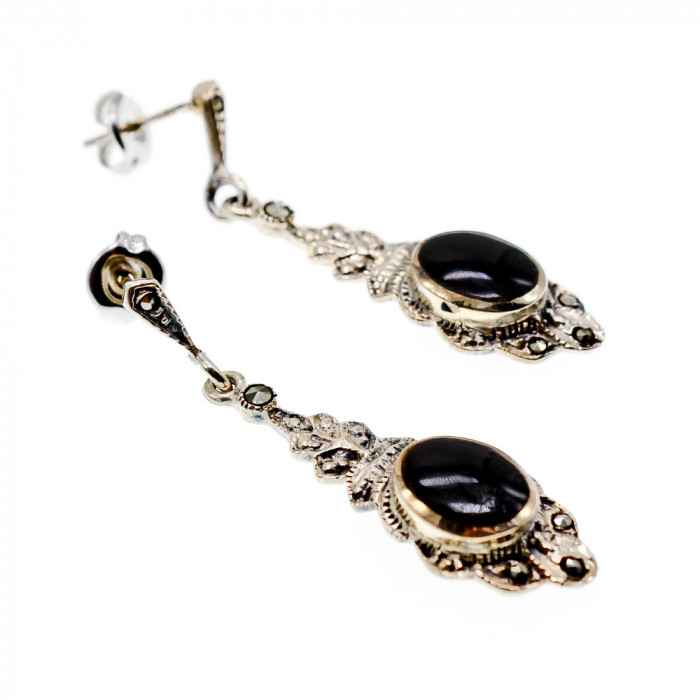 Sky Jewelry Серебряные серьги с ониксом и марказитом