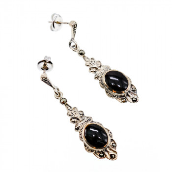 Sky Jewelry Серебряные серьги с ониксом и марказитом