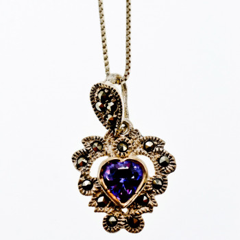 Sky Jewelry Серебряная цепочка с кулоном аметист и марказит  Сердце