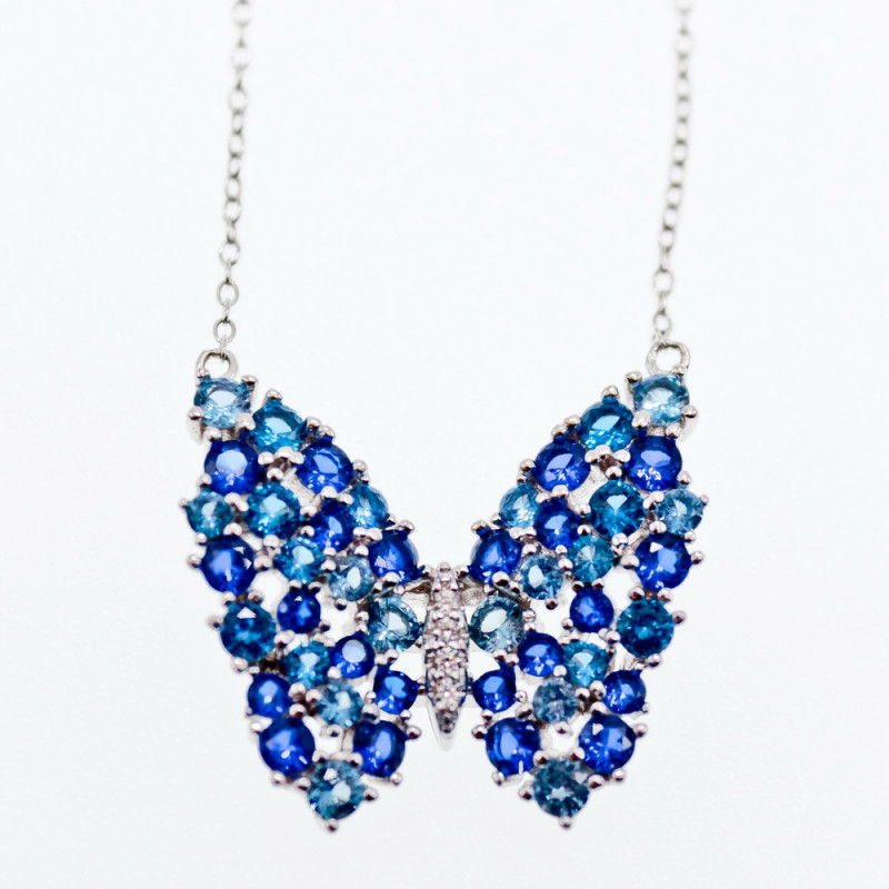 Sky Jewelry Серебряное ожерелье с аквамарином и турмалином   Бабочка