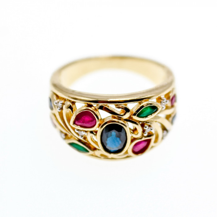 Sky Jewelry Золотое кольцо с сапфиром изумрудом рубином и бриллиантом
