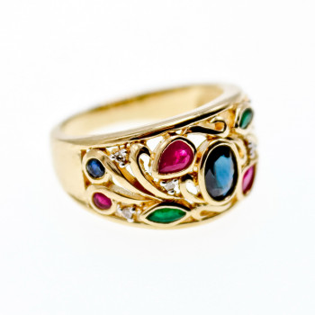 Sky Jewelry Золотое кольцо с сапфиром изумрудом рубином и бриллиантом