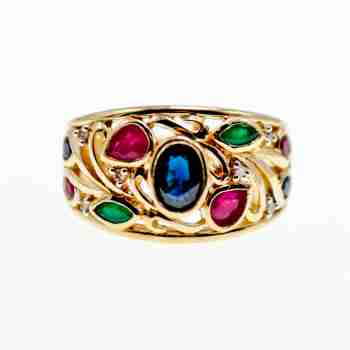 Sky Jewelry Золотое кольцо с сапфиром изумрудом рубином и бриллиантом