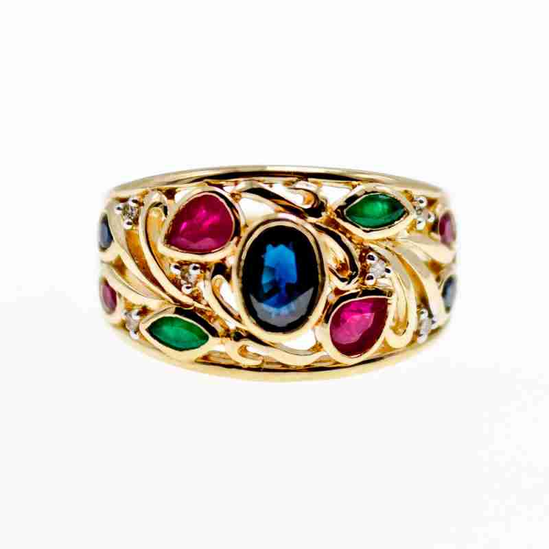 Sky Jewelry Золотое кольцо с сапфиром изумрудом рубином и бриллиантом