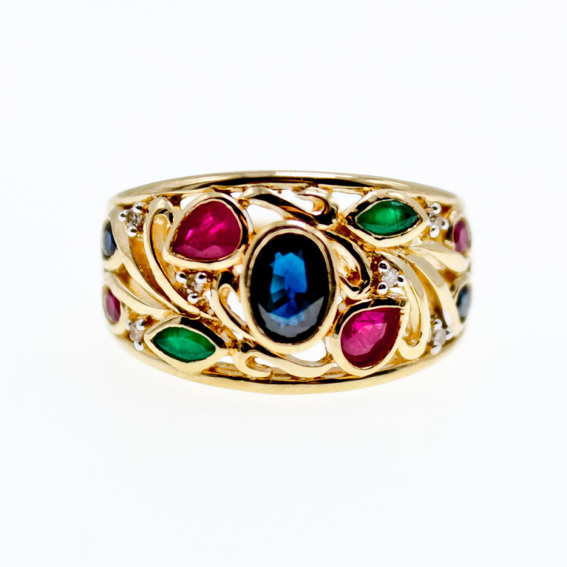 Sky Jewelry Золотое кольцо с сапфиром изумрудом рубином и бриллиантом
