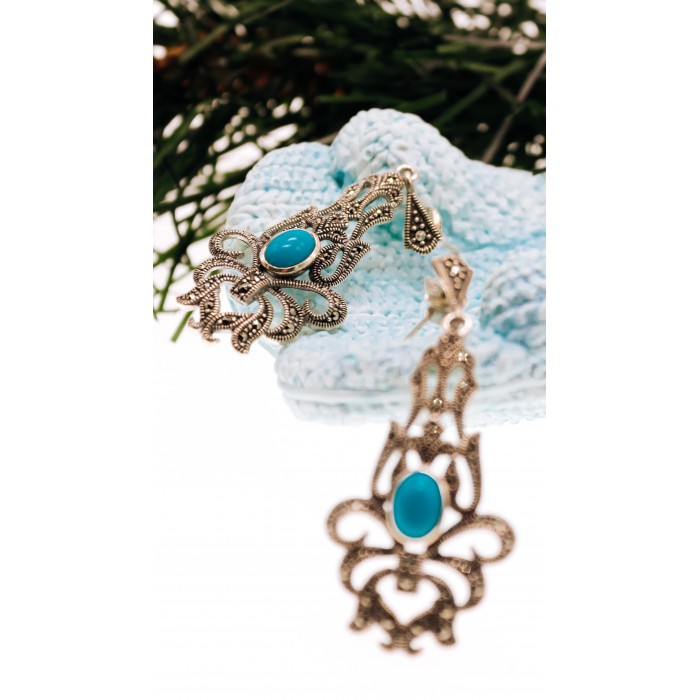Sky Jewelry Серебряные серьги с марказитом и бирюзой