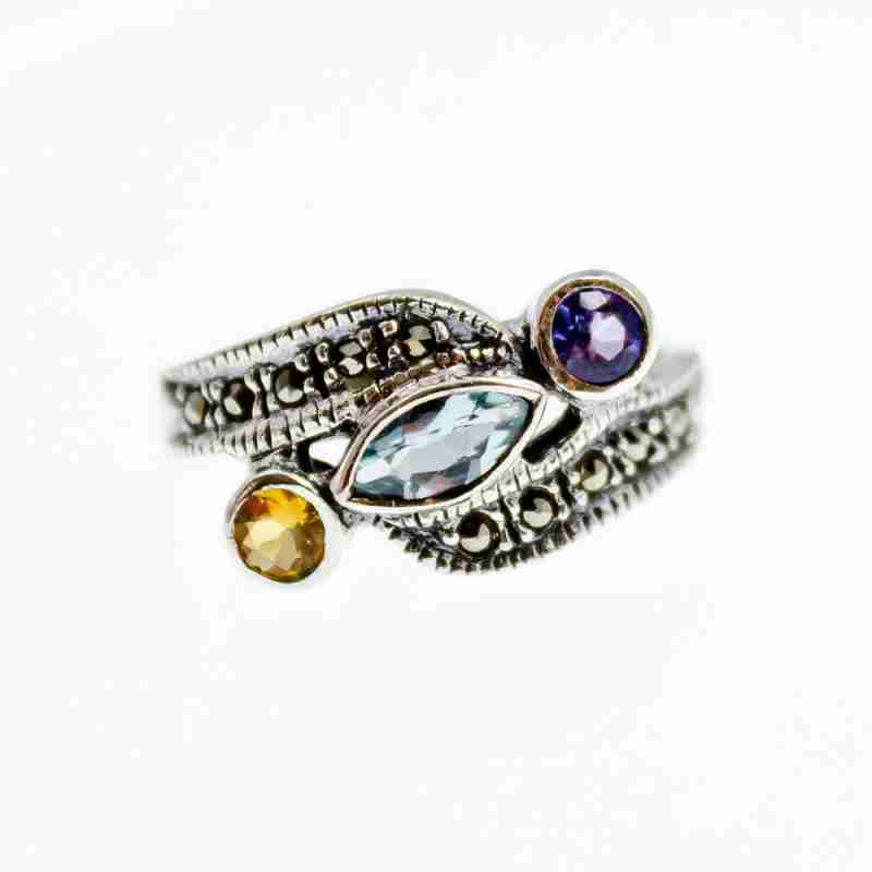 Sky Jewelry Серебряное кольцо с топазом гелиодором аметистом и марказитом