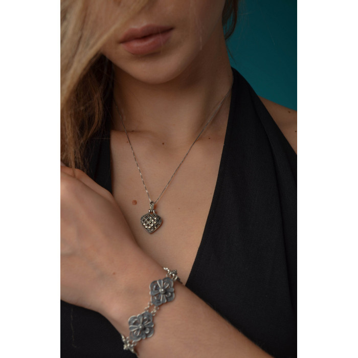 Sky Jewelry Серебряная цепочка с кулоном-сердце Черная Шпинель