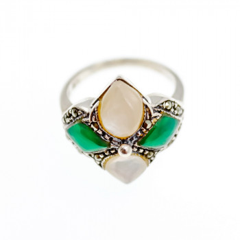 Sky Jewelry Винтажное серебряное кольцо с перламутром агатом и марказитом