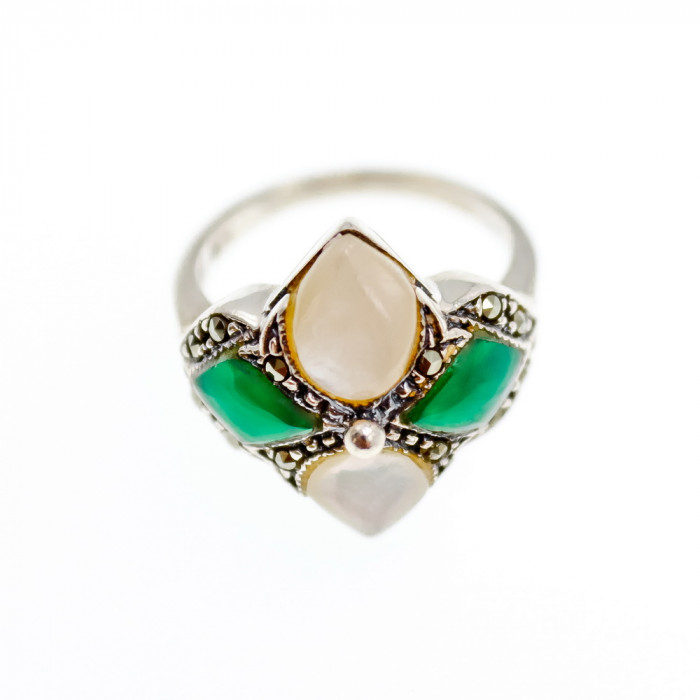 Sky Jewelry Винтажное серебряное кольцо с перламутром агатом и марказитом