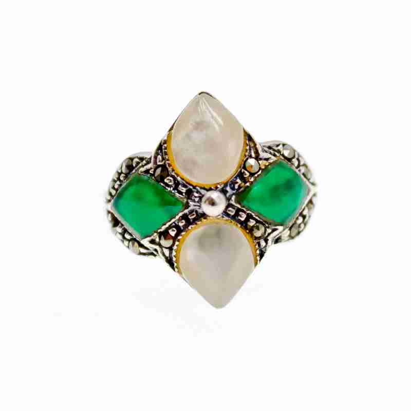 Sky Jewelry Винтажное серебряное кольцо с перламутром агатом и марказитом