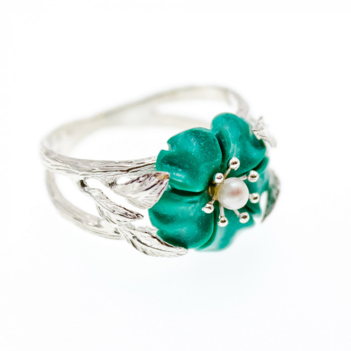 Sky Jewelry Серебряное кольцо с эмалью и жемчугом  Цветы