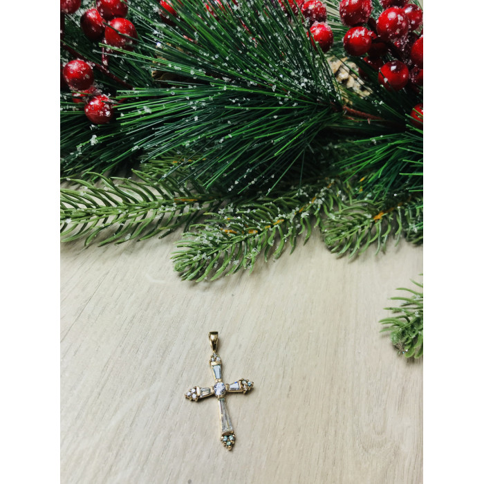 Sky Jewelry Серебряный крестик в позолоте с голубыми фианитами