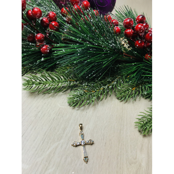 Sky Jewelry Серебряный крестик в позолоте с голубыми фианитами