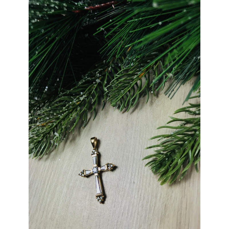 Sky Jewelry Серебряный крестик в позолоте с голубыми фианитами