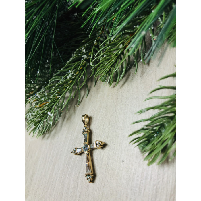 Sky Jewelry Серебряный крестик в позолоте с голубыми фианитами