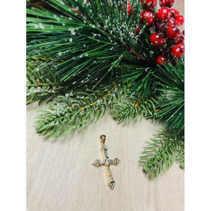 Sky Jewelry Серебряный крестик в позолоте с голубыми фианитами