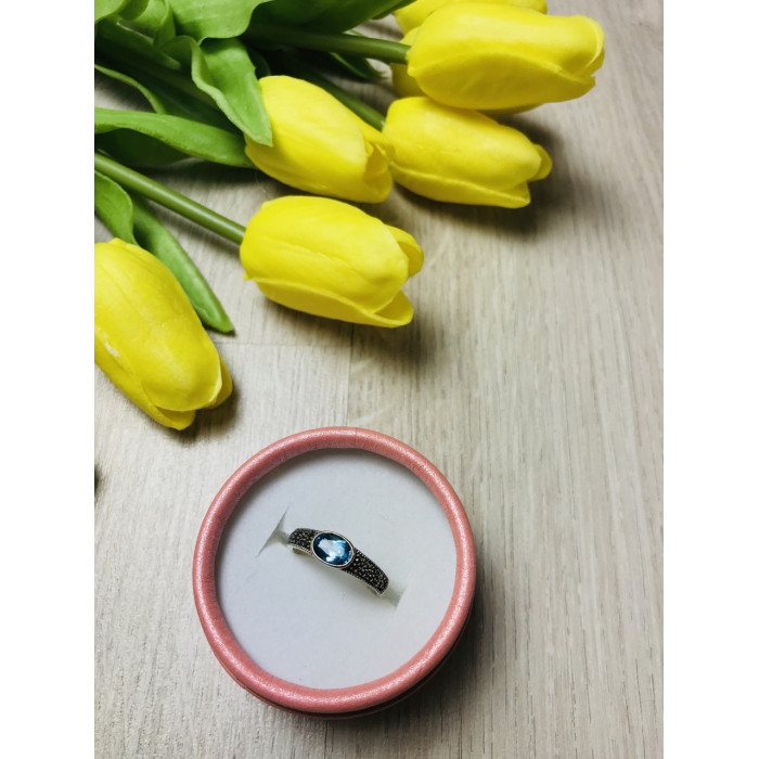 Sky Jewelry Серебряное кольцо с камнем голубая Шпинель и черный кварцем