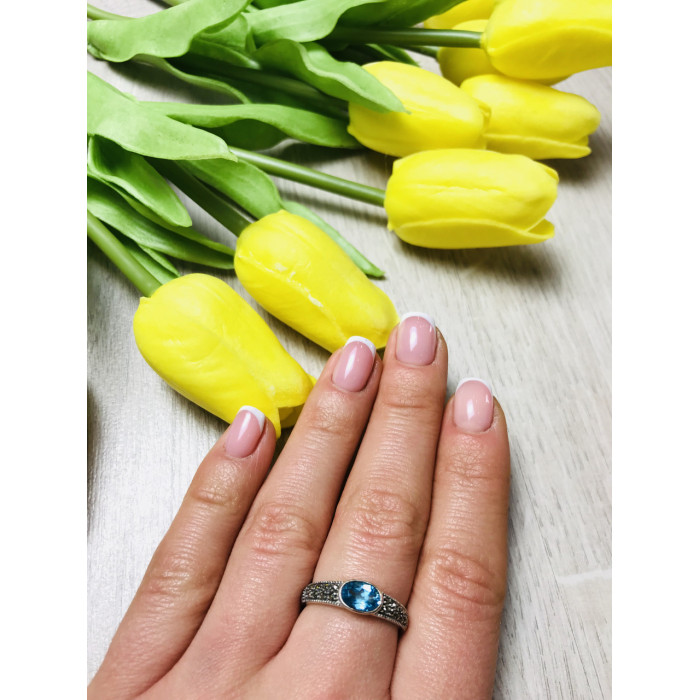 Sky Jewelry Серебряное кольцо с камнем голубая Шпинель и черный кварцем