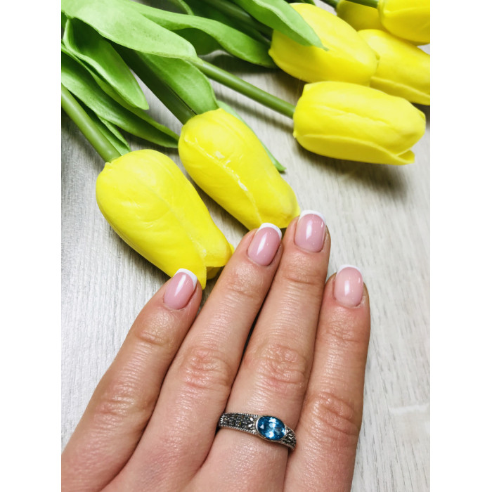 Sky Jewelry Серебряное кольцо с камнем голубая Шпинель и черный кварцем