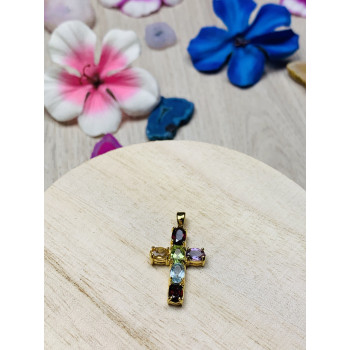 Sky Jewelry Серебряный кулон-крестик  в позолоте с натуральными камнями