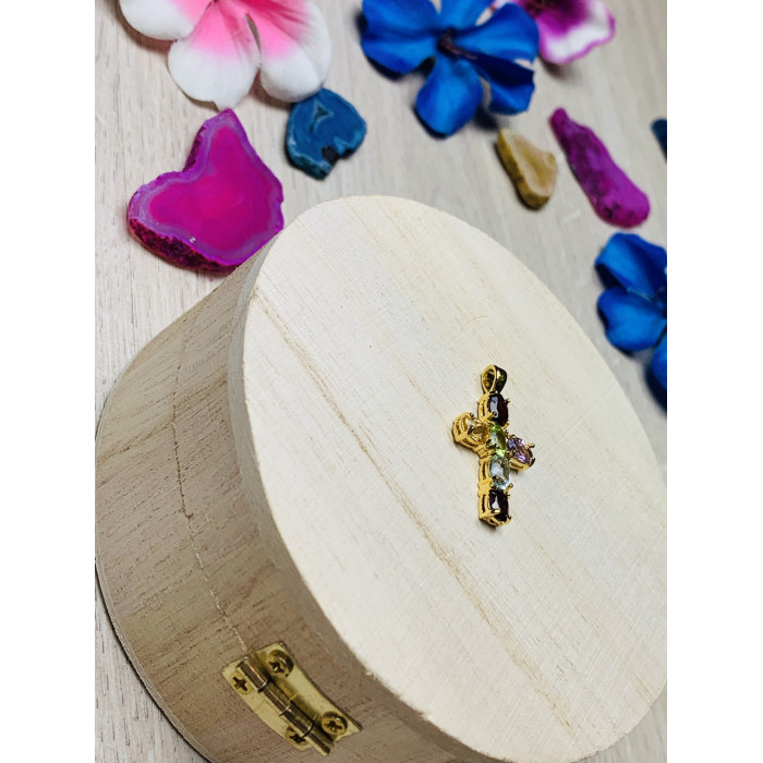 Sky Jewelry Серебряный кулон-крестик  в позолоте с натуральными камнями