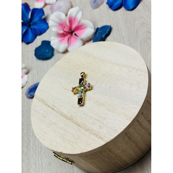 Sky Jewelry Серебряный кулон-крестик  в позолоте с натуральными камнями