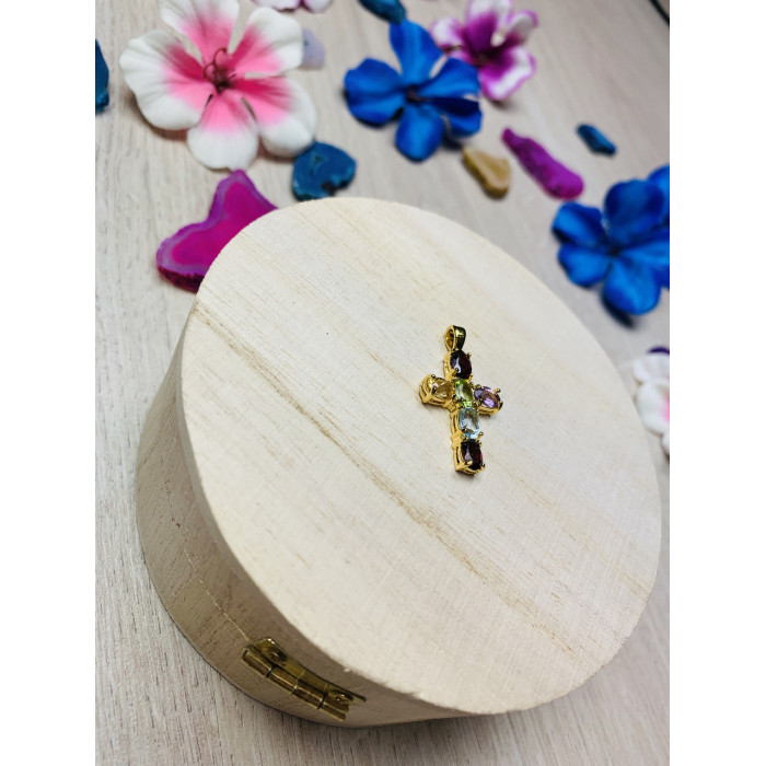 Sky Jewelry Серебряный кулон-крестик  в позолоте с натуральными камнями