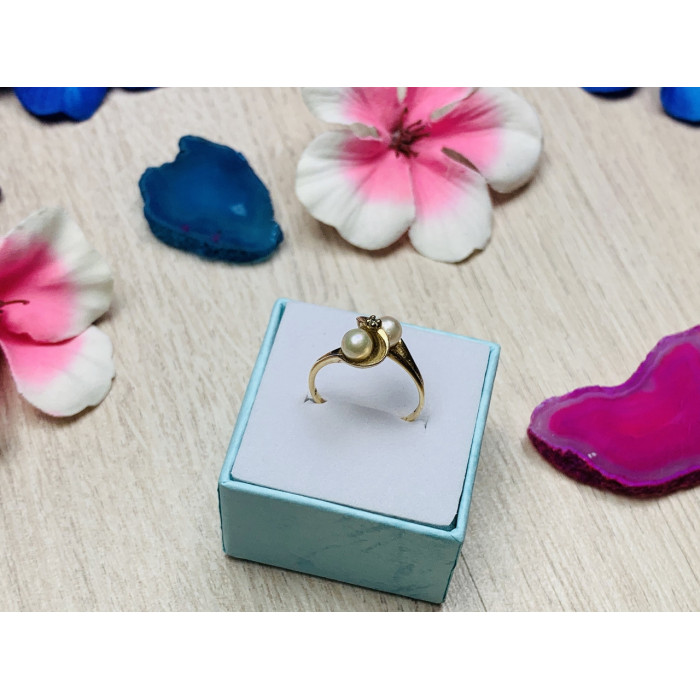 Sky Jewelry Золотое кольцо 10К (417 проба) с жемчугом и бриллиантом