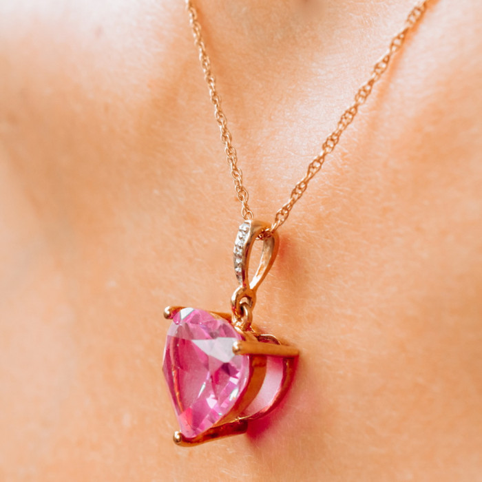 Sky Jewelry Золотой кулон с камнем Розовый Сапфир и бриллиантом