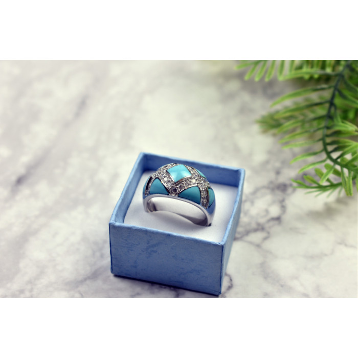 Sky Jewelry Серебряное кольцо с бирюзой и фианитами
