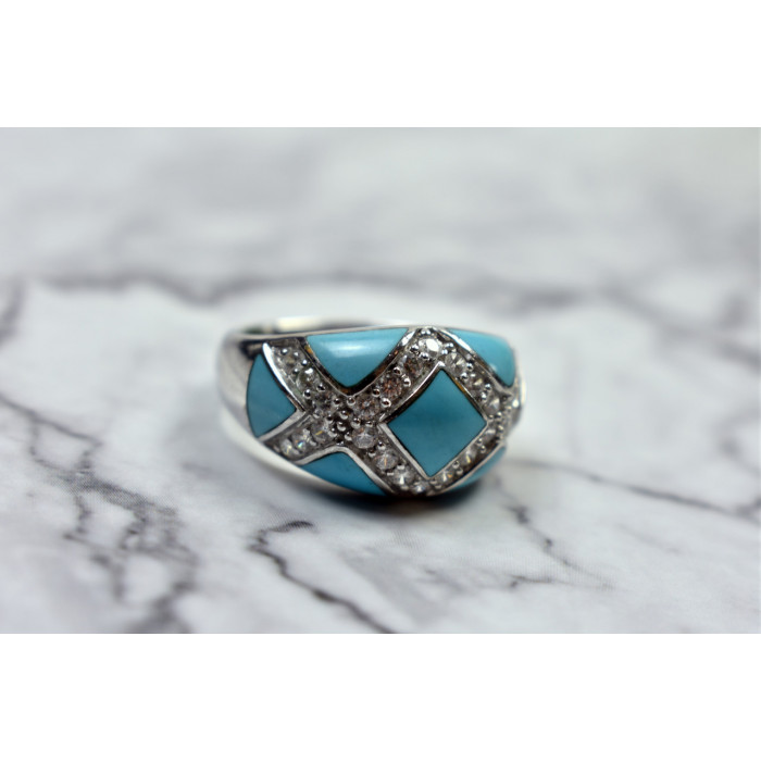 Sky Jewelry Серебряное кольцо с бирюзой и фианитами