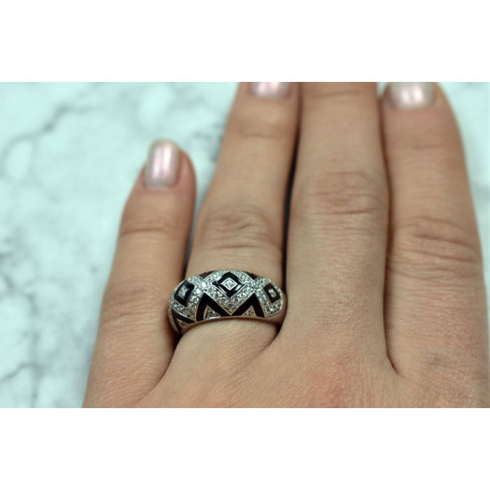 Sky Jewelry Серебряное кольцо с фианитами и черное эмалью