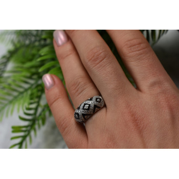 Sky Jewelry Серебряное кольцо с фианитами и черное эмалью