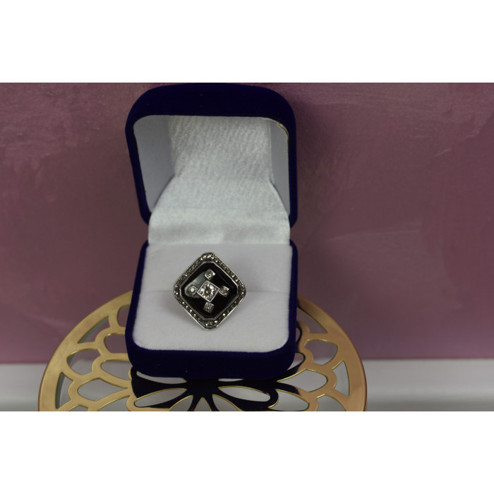 Sky Jewelry Серебряное кольцо с бесцветным сапфиром и черным нефритом