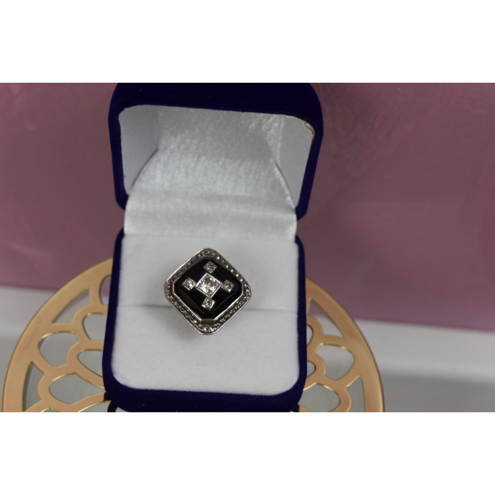 Sky Jewelry Серебряное кольцо с бесцветным сапфиром и черным нефритом