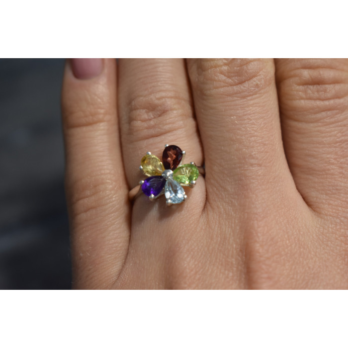 Sky Jewelry Серебряное кольцо цветочек с натуральными камнями