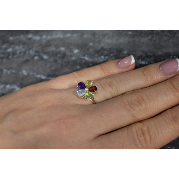 Sky Jewelry Серебряное кольцо цветочек с натуральными камнями