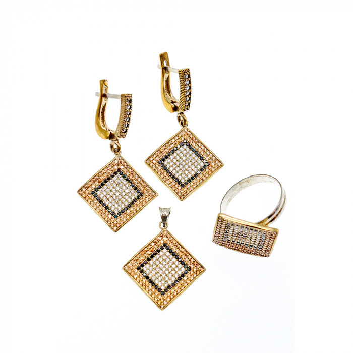 Sky Jewelry Серебряный комплект со вставками из камней Черный Нефрит и фианиты