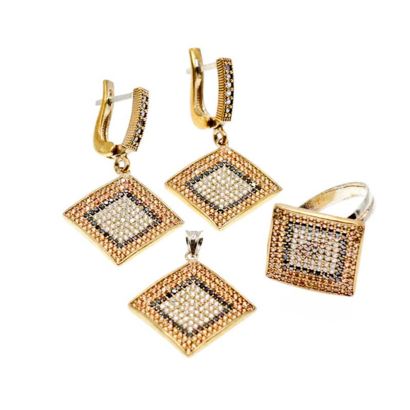 Sky Jewelry Серебряный комплект со вставками из камней Черный Нефрит и фианиты