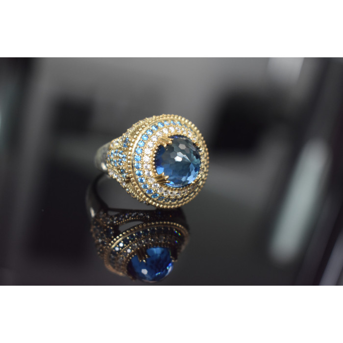 Sky Jewelry Серебряное кольцо с голубым камнем Алпанит и фианитами