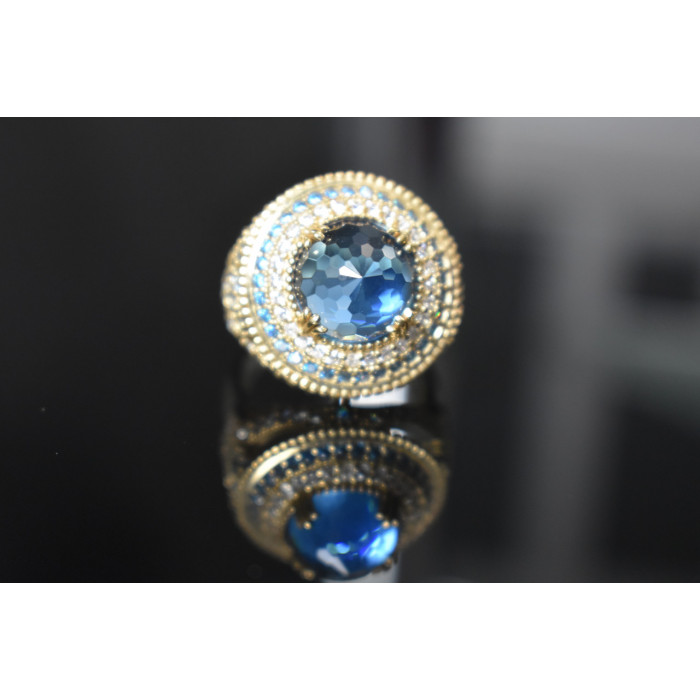 Sky Jewelry Серебряное кольцо с голубым камнем Алпанит и фианитами