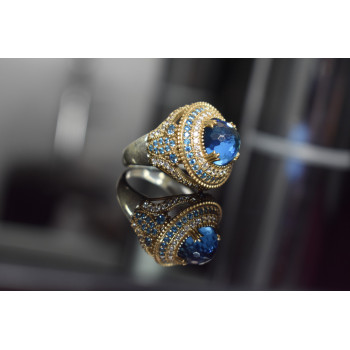 Sky Jewelry Серебряное кольцо с голубым камнем Алпанит и фианитами