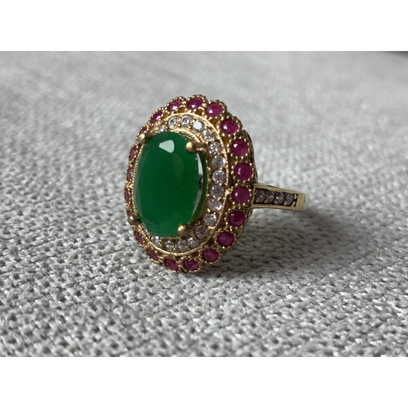 Sky Jewelry Серебряное кольцо с зеленым камнем Алпанит и розовыми камнями Шпинель