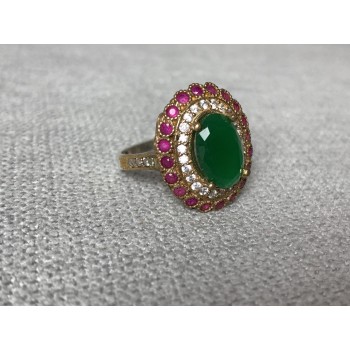 Sky Jewelry Серебряное кольцо с зеленым камнем Алпанит и розовыми камнями Шпинель