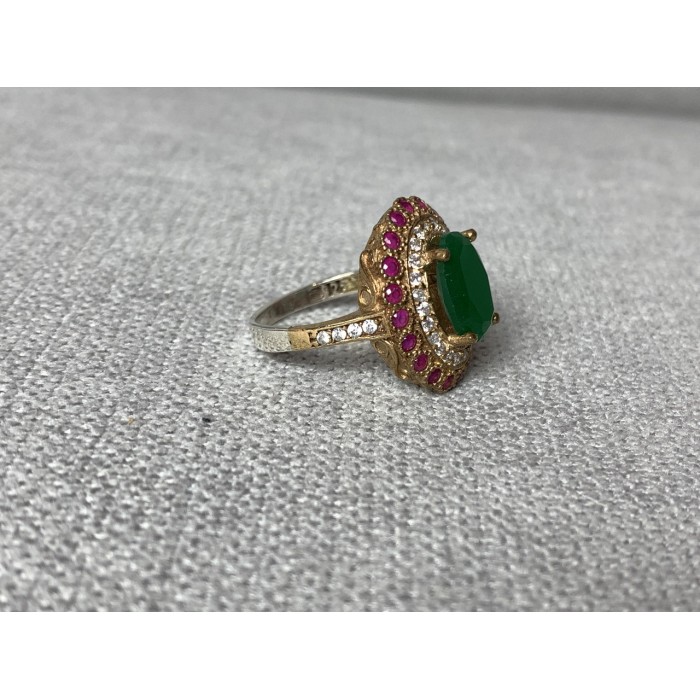 Sky Jewelry Серебряное кольцо с зеленым камнем Алпанит и розовыми камнями Шпинель